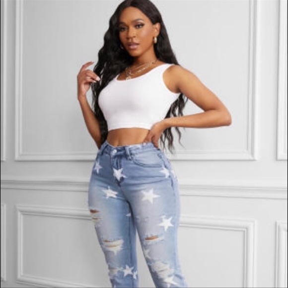 NEW DESTRUCTED RAW HEM STAR PRINT JEANS SZ SMALL NWT BUTT LIFT - Picture 2 of 6